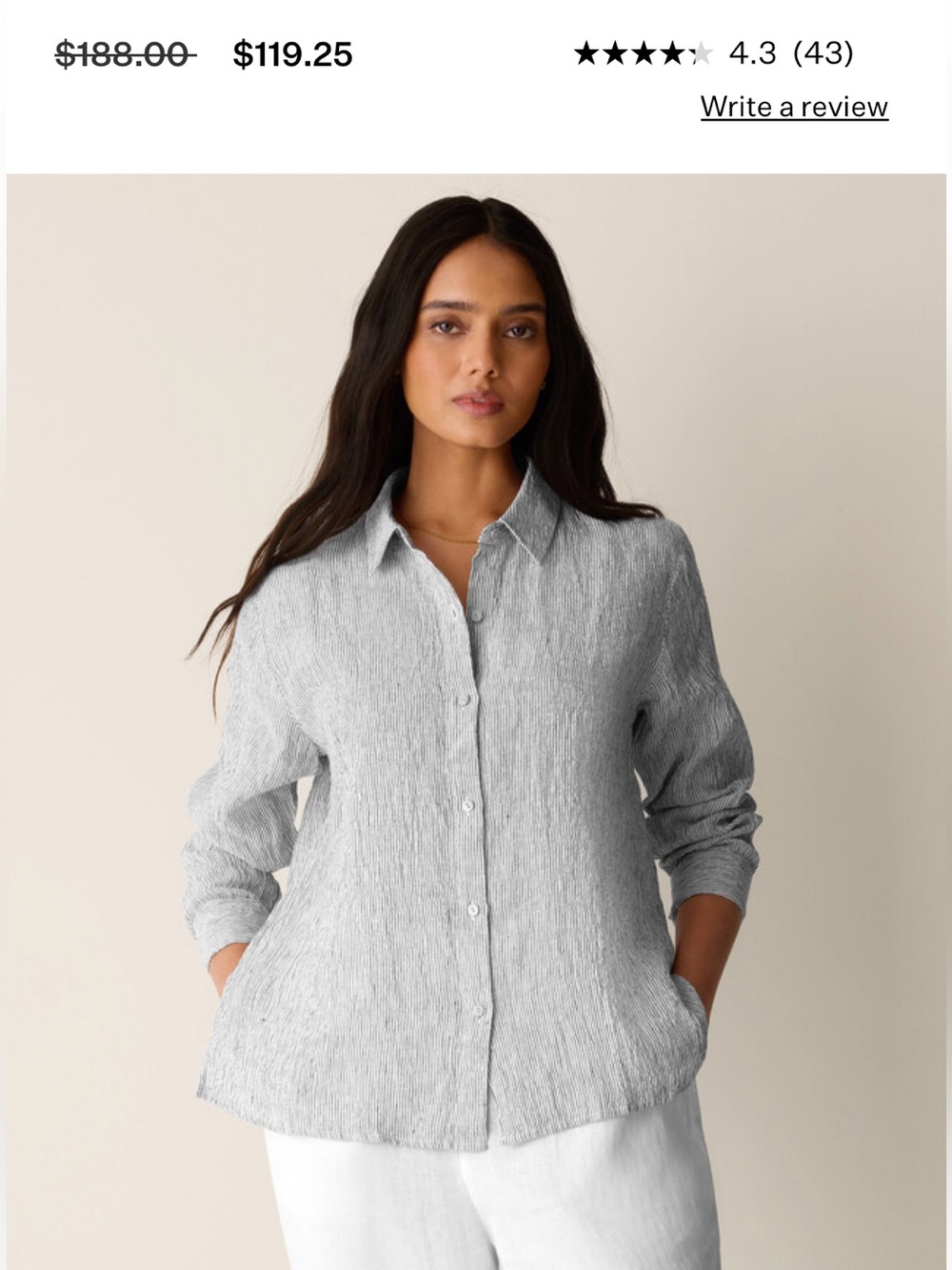 Eileen Fisher Striped Organic Linen Button Down Shirt Long Sleeve Grey XL